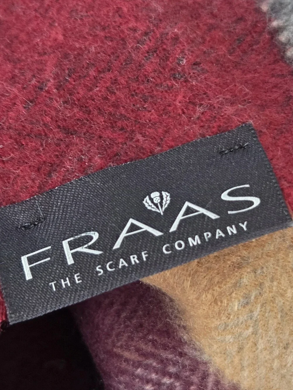 Fraas Plaid Scarf Made in Germany Maroon Gray Tan 14 x 72 Unisex SOFT Fringed